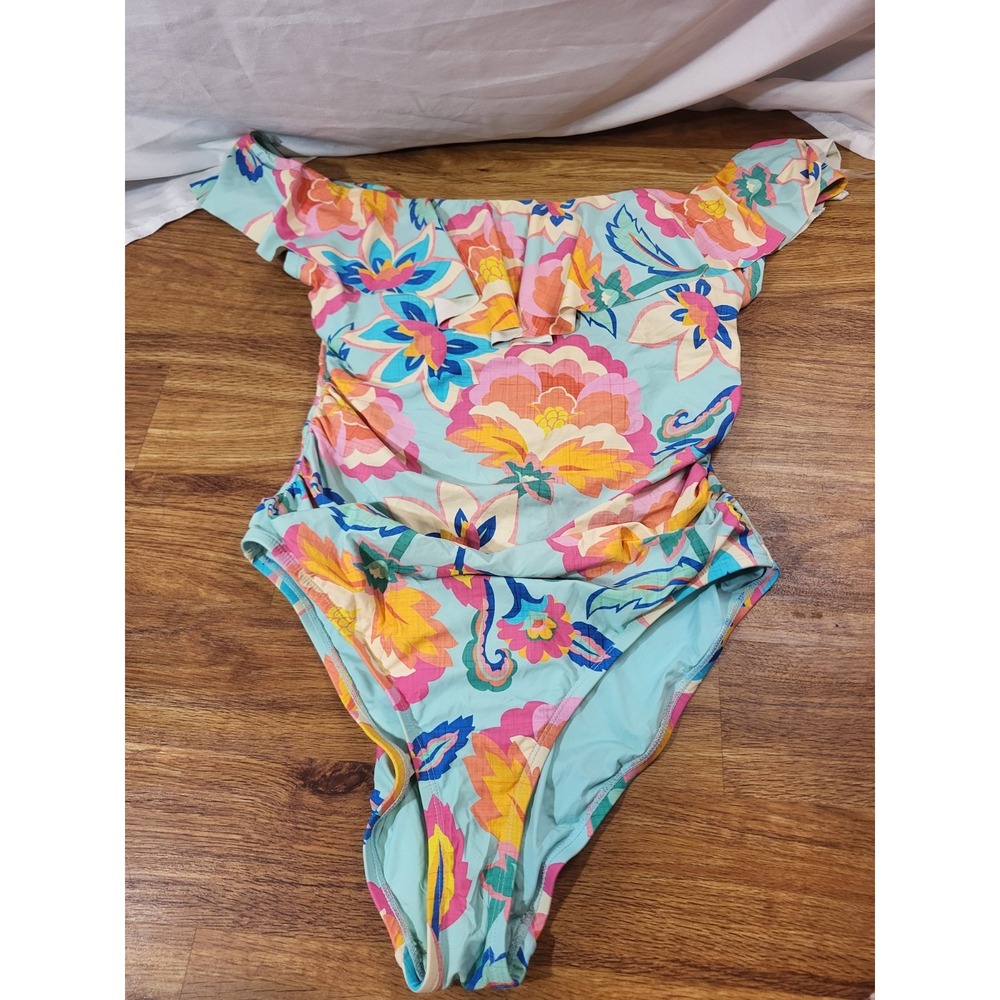 La Blanca Tropical Rain Off Shoulder Ruffle One Piece swim suit Size 16 Blue